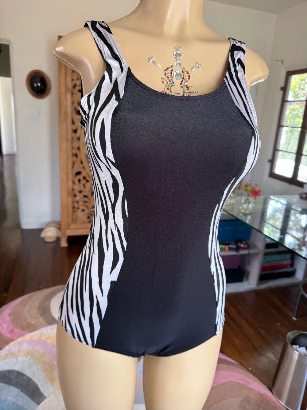 Vintage Black and White Zebra-Panel One-Piece Swimsuit size S